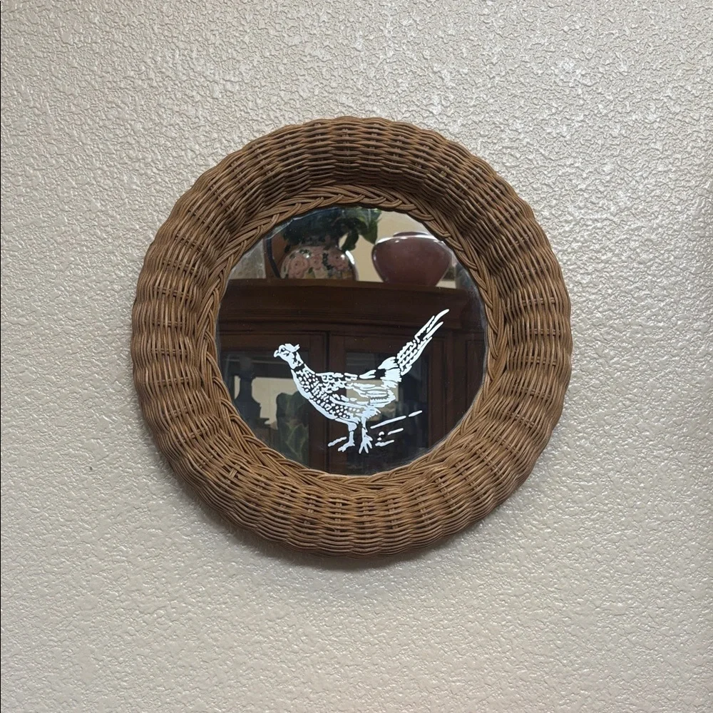 Round Wicker Wall Mirror with Bird Design